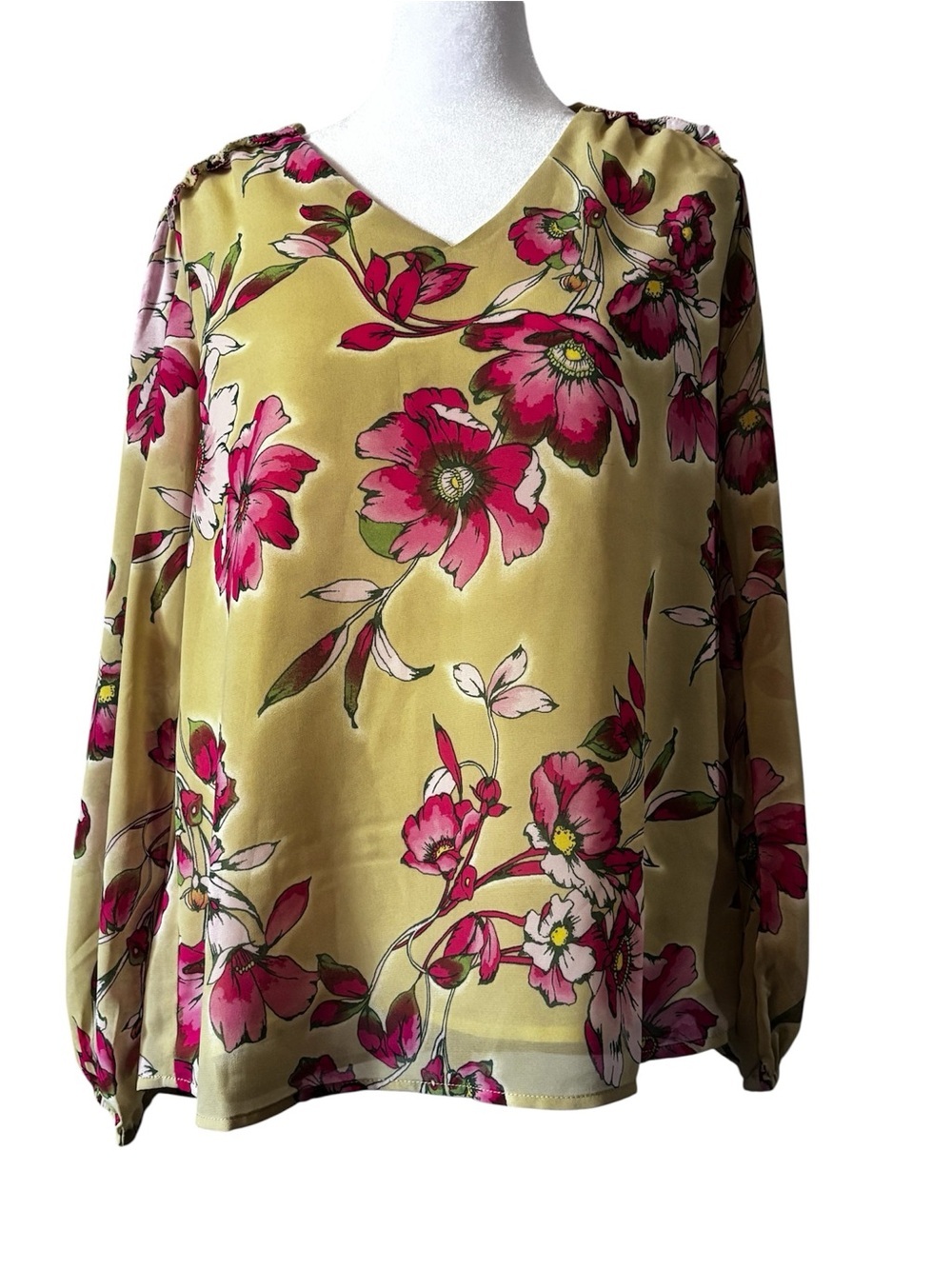 Belle by Kim Gravel Pink Floral V-Neck Blouse on Mustard New Without Tags